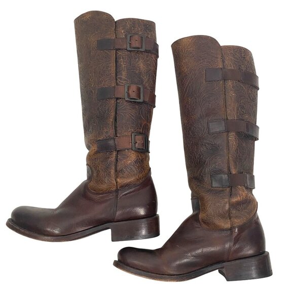 J.B. Dillion tooled Leather tall riding boots buckle shaft steampunk women’s 7 - Picture 8 of 14